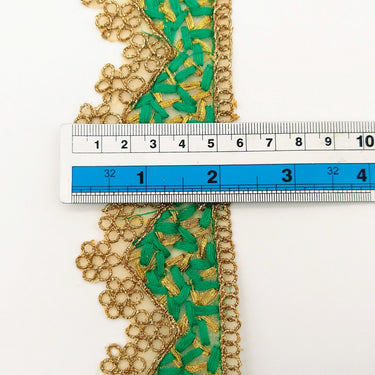 Gold Sheer Tissue Fabric Cutwork Trim with Embroidery in Gold and Green, Scallop Trim, Fringe Trim